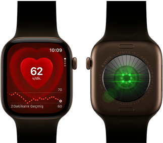 İki adet Apple Watch Series 12 aygıtı, alüminyum kasa, klasik zeytin yeşili Spor Kordon takılı koyu bronz renk, aygıtlardan birinde Kalp Atış Hızı uygulaması, diğerinde ise saatin arkasındaki Sağlık Verisi Algılama Sistemi ve parlak yeşil LED ışıklar gösteriliyor