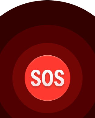 Acil SOS simgesi, iç içe kırmızı halkalar ve ortada beyaz renk SOS yazısı