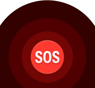 Acil SOS simgesi, iç içe kırmızı halkalar ve ortada beyaz renk SOS yazısı