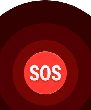 Acil SOS simgesi, iç içe kırmızı halkalar ve ortada beyaz renk SOS yazısı