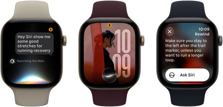 Üç adet Apple Watch Series 12 aygıtı, kum beji renk Spor Kordon takılı aygıt uçuk altın rengi alüminyum kasaya sahip ve Siri AI sohbetini gösteriyor, burgonya renk Spor Kordon takılı aygıt uçuk altın rengi alüminyum kasaya sahip ve Siri AI komplikasyonunun bulunduğu saat kadranında kişiselleştirilmiş bir fotoğrafı gösteriyor, siyah renk Spor Kordon takılı aygıt uzay grisi alüminyum kasaya sahip ve Siri Özeti özelliğini gösteriyor