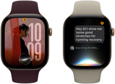 Üç adet Apple Watch Series 12 aygıtı, kum beji renk Spor Kordon takılı aygıt uçuk altın rengi alüminyum kasaya sahip ve Siri AI sohbetini gösteriyor, burgonya renk Spor Kordon takılı aygıt uçuk altın rengi alüminyum kasaya sahip ve Siri AI komplikasyonunun bulunduğu saat kadranında kişiselleştirilmiş bir fotoğrafı gösteriyor, siyah renk Spor Kordon takılı aygıt uzay grisi alüminyum kasaya sahip ve Siri Özeti özelliğini gösteriyor