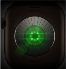 Apple Watch Series 12’nin arkadan görünümü, alüminyum kasa, koyu bronz renk, parlak yeşil LED ışıklı birden çok yuvarlak sensör, sol dış görünüm, Digital Crown, Spor Kordon, klasik zeytin yeşili renk