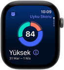 Apple Watch Series 12, alüminyum kasa, uzay grisi renk, uyku skoru halkasının grafiği, sağ dış görünüm, Digital Crown