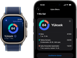 Apple Watch Ultra 3, titanyum natürel kasa, uyku skoru ekranı, halka grafikte gösterilen dağılım, ortada skor, kordon, mavi Trail Loop