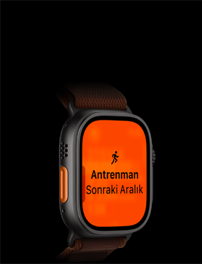 Apple Watch Ultra 4, titanyum kasa, siyah renk, Koşu antrenmanı, sonraki aralık, sol dış görünüm, turuncu Eylem düğmesi, Alpine Loop kordon