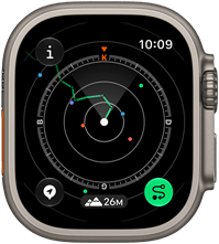 Apple Watch Ultra 4, titanyum kasa, natürel renk, pusula yönlendirmeleriyle güzergâhı gösteren Geriye Dönüş özelliği, sağ dış görünüm, Digital Crown, çıkıntılı yan düğme