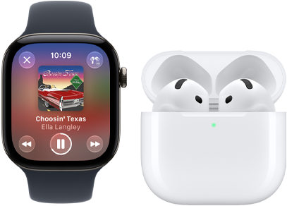 Apple Watch Series 12, alüminyum kasa, siyah renk, siyah Spor Kordon, Apple Music uygulaması açık, AirPods 4 ile eşleştirilmiş