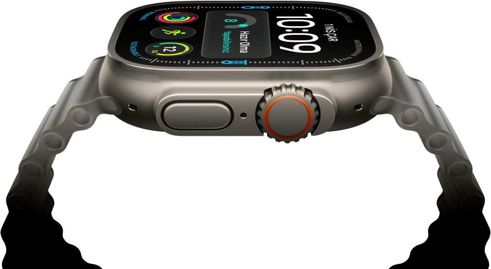 Apple Watch Ultra 4, titanyum kasa, natürel renk, dijital saat kadranı, komplikasyonlar: hazır olma, kalp atış hızı, Antrenmanlar, sıcaklık, sağ dış görünüm, Digital Crown, çıkıntılı yan düğme, Ocean Kordon, buzlu gri renk