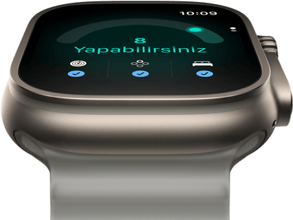 Apple Watch Ultra 4, titanyum kasa, natürel renk, hazır olma skoru 8, sağ dış görünüm, Digital Crown, çıkıntılı yan düğme, Ocean Kordon, buzlu gri renk