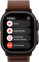 Apple Watch Ultra 4, titanyum kasa, siyah renk, uydu bağlantısı, sağ dış görünüm, Digital Crown, çıkıntılı yan düğme, Alpine Loop kordon, burgonya renk