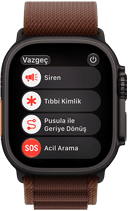 Apple Watch Ultra 4, titanyum kasa, siyah renk, uydu bağlantısı, sağ dış görünüm, Digital Crown, çıkıntılı yan düğme, Alpine Loop kordon, burgonya renk