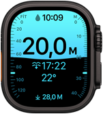 Apple Watch Ultra 4, titanyum kasa, siyah renk, dalış ölçümlerini gösteren Derinlik uygulaması, sağ dış görünüm, Digital Crown, çıkıntılı yan düğme