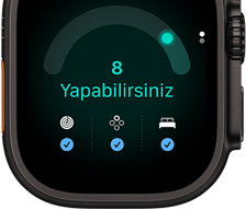 Apple Watch Ultra 4, titanyum kasa, siyah renk, hazır olma skoru 8, sağ dış görünüm, Digital Crown, çıkıntılı yan düğme