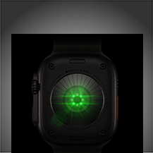 Apple Watch Ultra 4’ün arkadan görünümü, titanyum kasa, siyah renk, parlak yeşil LED ışıklara sahip birden fazla yuvarlak sensör