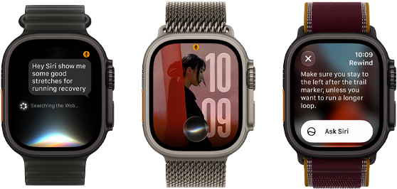 Üç adet Apple Watch Ultra 4 aygıtı, birinde siyah titanyum kasa, Siri AI sohbeti, buzlu siyah Ocean Kordon, birinde natürel titanyum kasa, Siri AI komplikasyonunda kişiselleştirilmiş fotoğraf, natürel titanyum Milano Loop kordon, birinde siyah titanyum kasa, Siri Recap, burgonya Trail Loop kordon