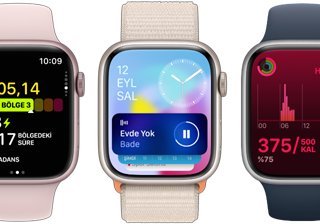 watchOS 10 güncellemesiyle ekrana çok daha fazla içerik sığabileceğini vurgulayan beş farklı Apple Watch’un önden görünümü.