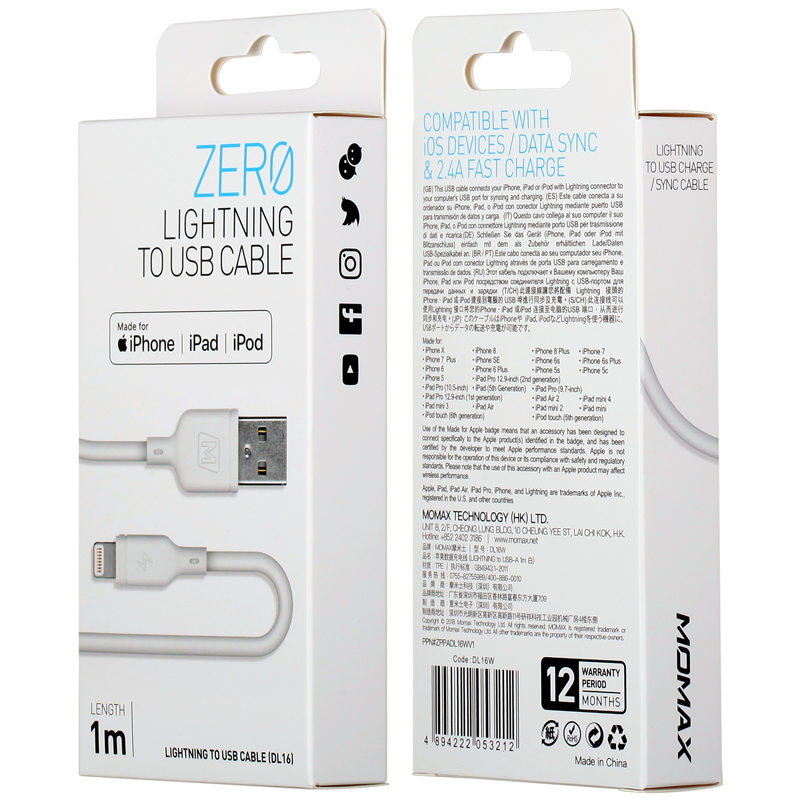 Momax Zero USB-A to Lightning Kablo (1M) - Beyaz 4894222053212