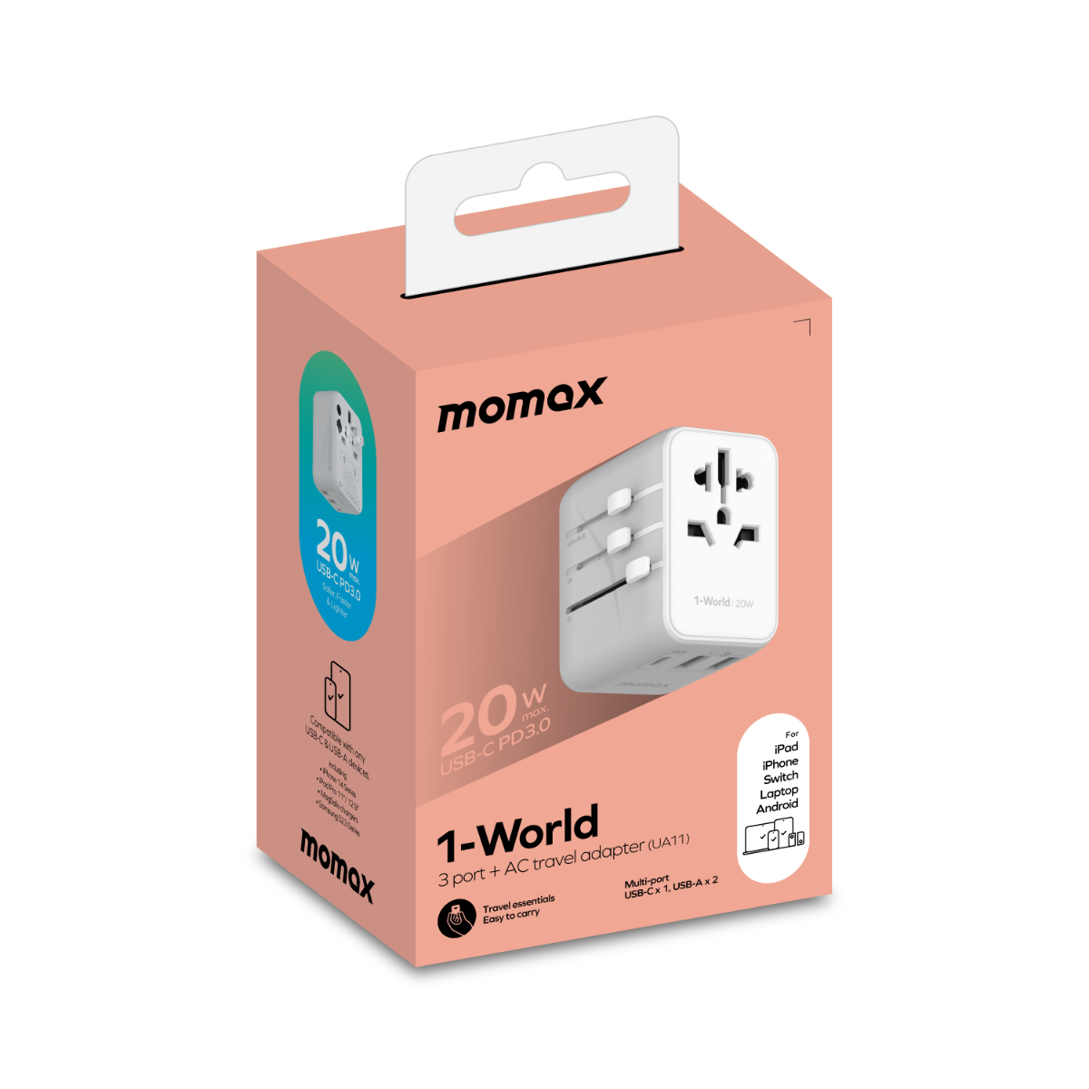 Momax 3 Port + AC Seyahat Adaptörü - Beyaz 4894222071544