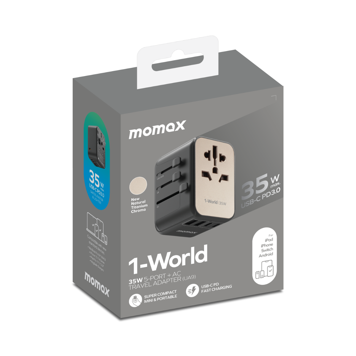 Momax 5 Port + AC Seyahat Adaptörü - Titanyum 4894222074620