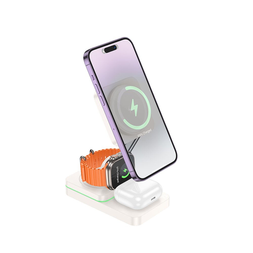 Hoco 3in1 15W Masaüstü Kablosuz Şarj Standı-Beyaz 6942007618366