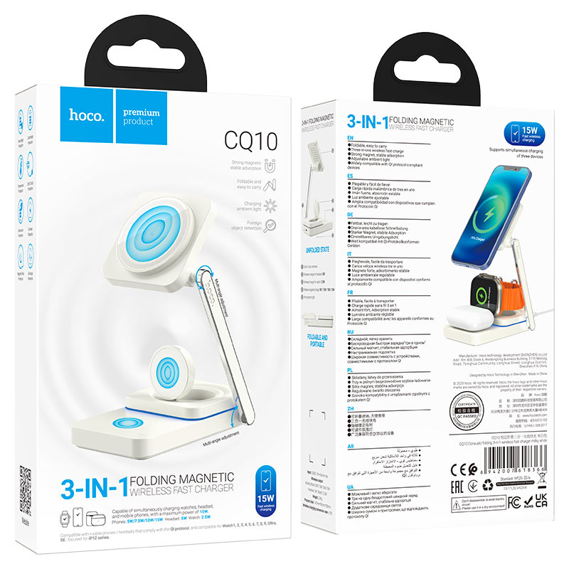 Hoco 3in1 15W Masaüstü Kablosuz Şarj Standı-Beyaz 6942007618366