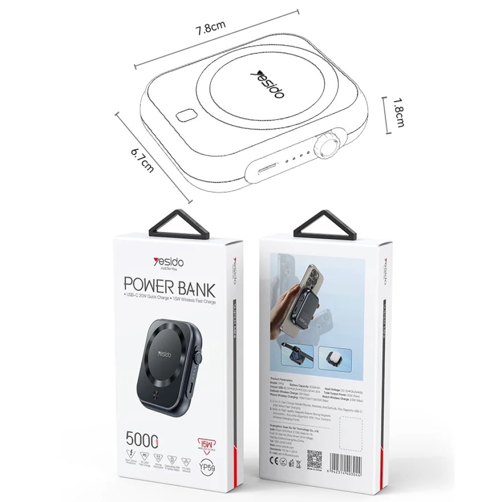 Yesido 3in1 5.000 mAh 15W Magsafe Powerbank-Siyah 6942314403044