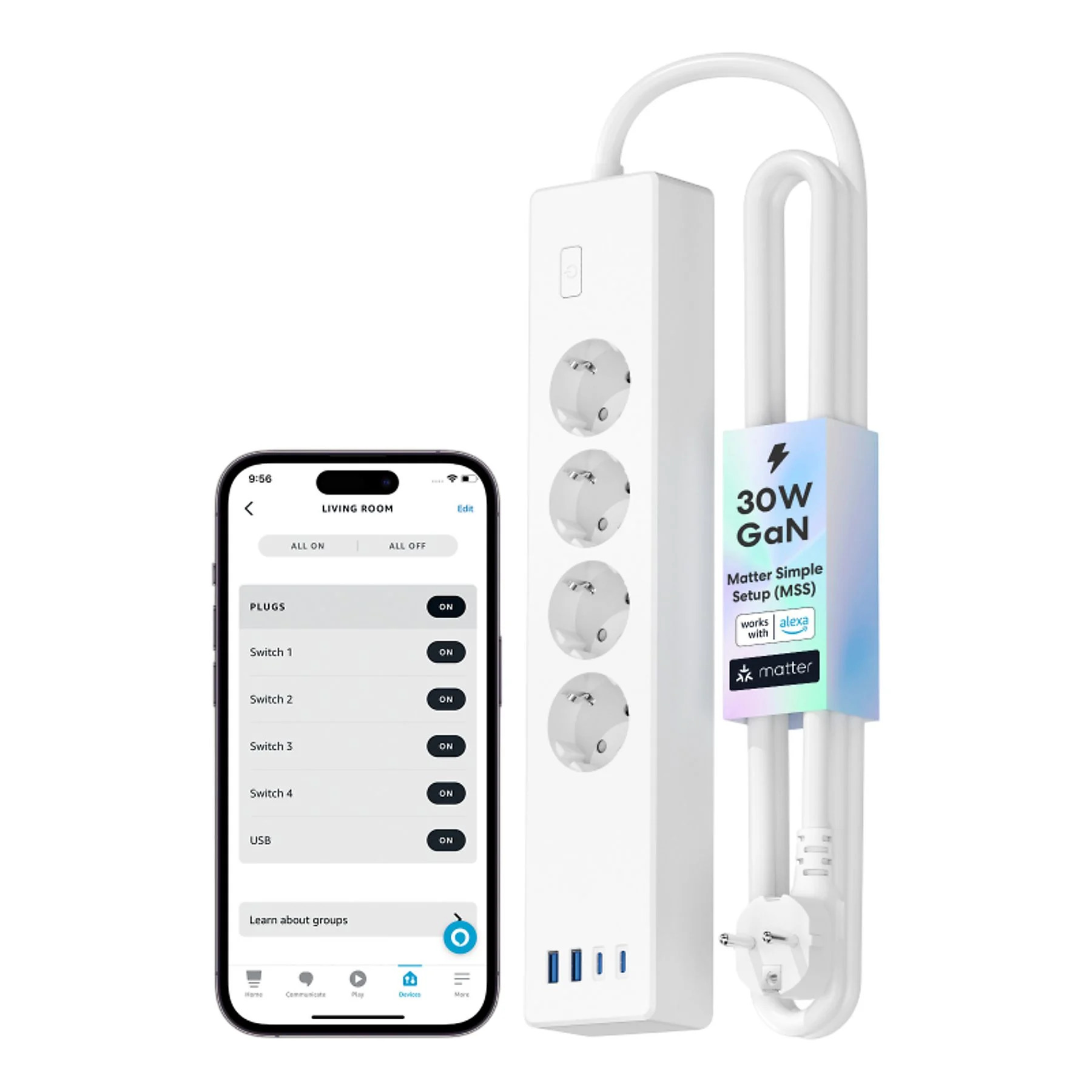 MEROSS 30W 2TypeC + 2Us 4'lü Akıllı Priz Beyaz 6942349208041