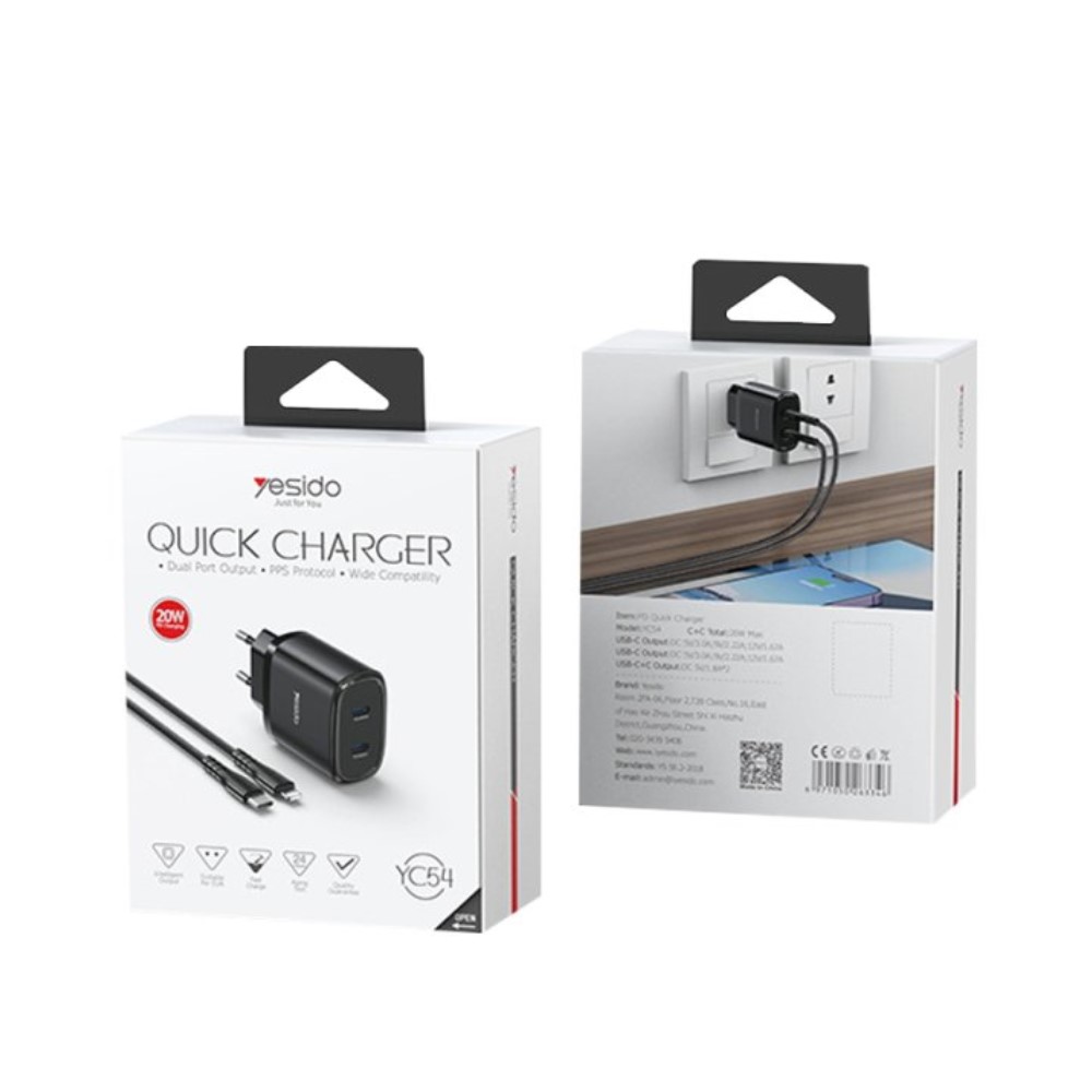 Yesido 2x 20W PD ve 60W Type-C Kablo Şarj Seti 6971050264015