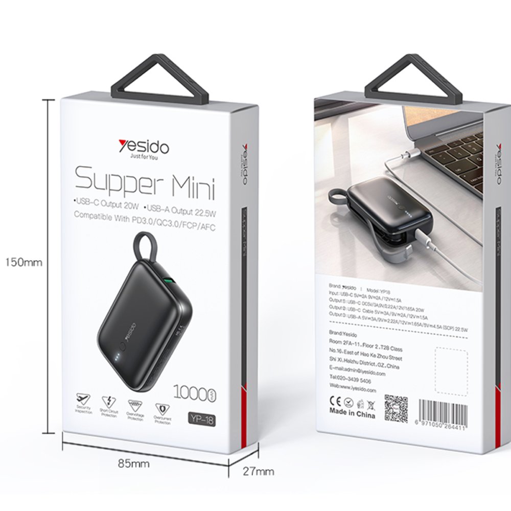 Yesido 10.000 mAh USB3.0 PD Hızlı Şarj Powerbank - Siyah 6971050264411