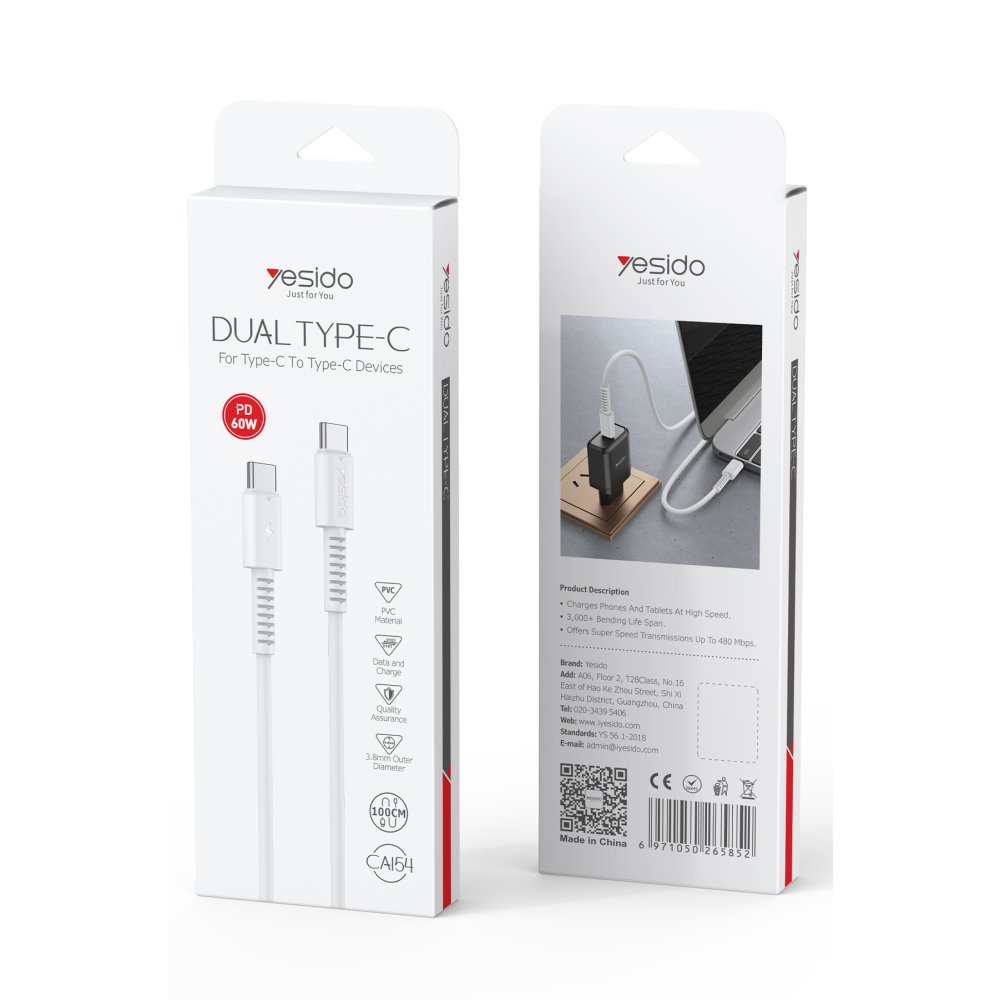 Yesido 60W Type-C to Type-C PD Şarj Kablosu 1 M - 6971050265852