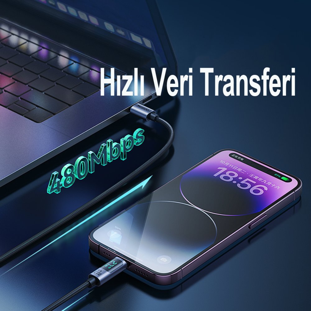 Yesido 1.2M 100W Dijital Hızlı Şarj Kablo-Siyah 6971050265920