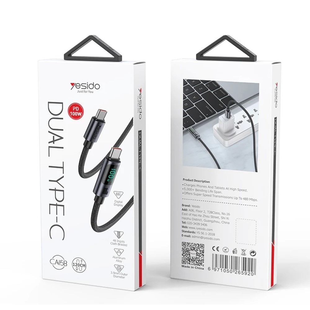 Yesido 1.2M 100W Dijital Hızlı Şarj Kablo-Siyah 6971050265920