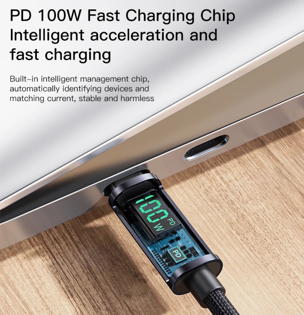 Yesido 1.2M 100W Dijital Hızlı Şarj Kablo-Siyah 6971050265920