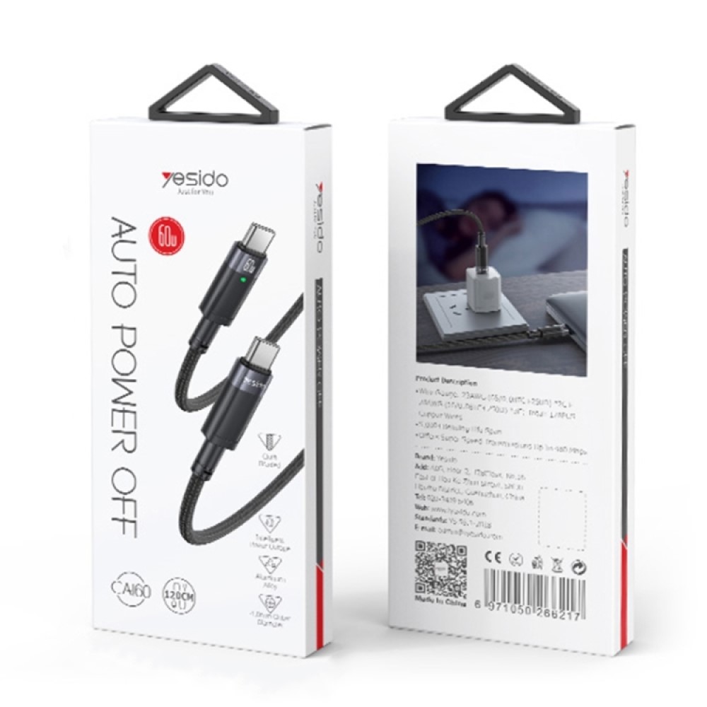 Yesido 1.2M 60W Type-C to Type-C Kablo - Siyah 6971050266217