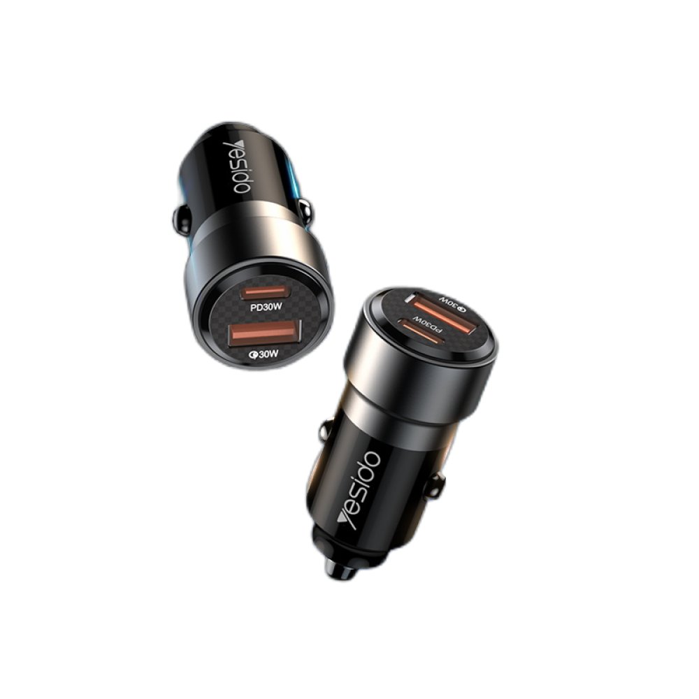 Yesido 1 Adet 30W Usb / 1 Adet 30W Type-C ve 60W Type-C to Type-C Kablolu PD Hızlı Araç Şarj - Siyah 6971050269775