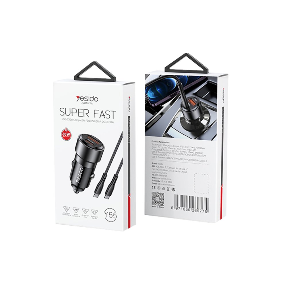 Yesido 1 Adet 30W Usb / 1 Adet 30W Type-C ve 60W Type-C to Type-C Kablolu PD Hızlı Araç Şarj - Siyah 6971050269775