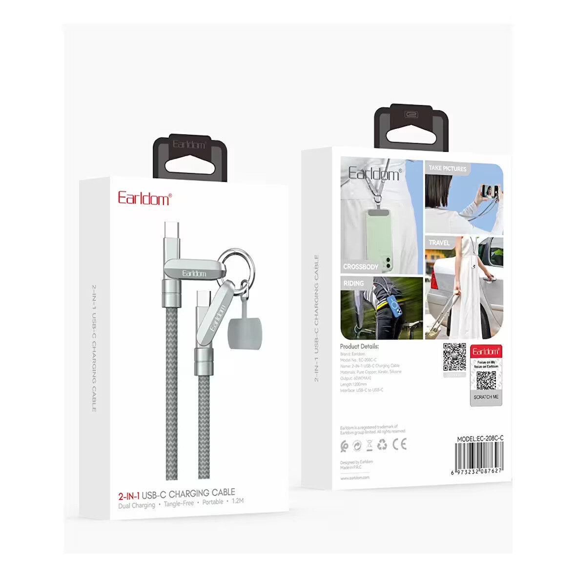 Earldom 1M 60W Type-C Askısılı PD Şarj Kablo-Gümüş 6973232087627