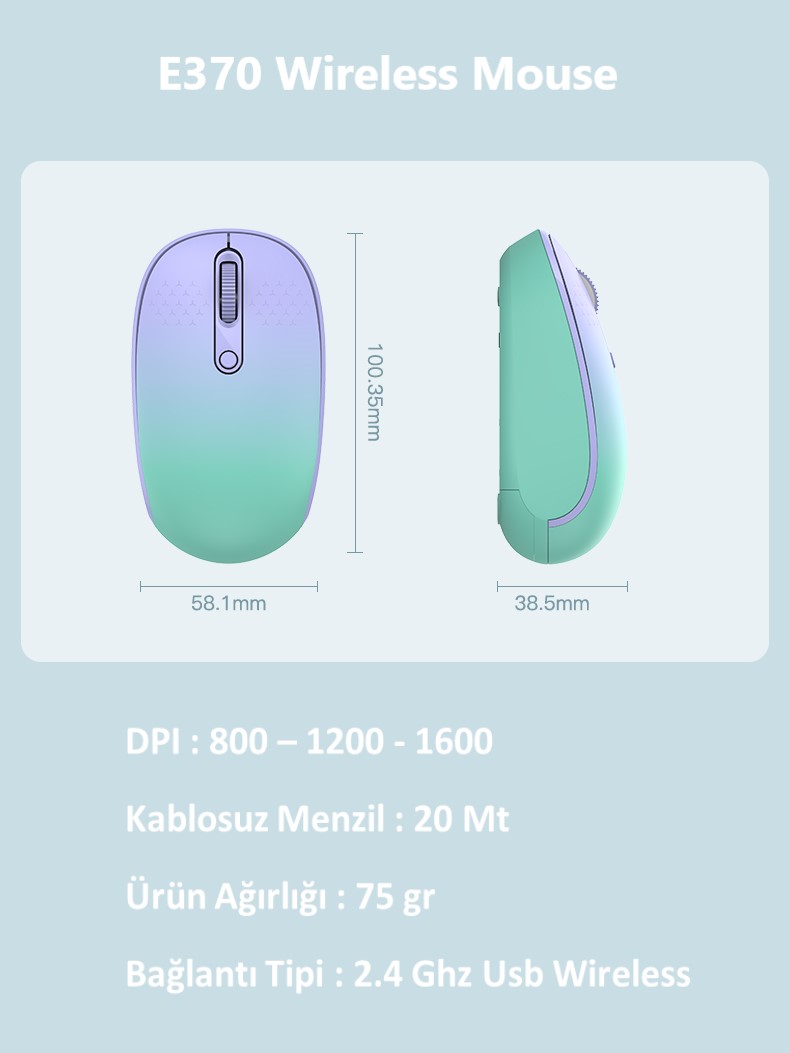 FD E370 Wireless Mouse 2.4G - Mor Yeşil  6973709120659