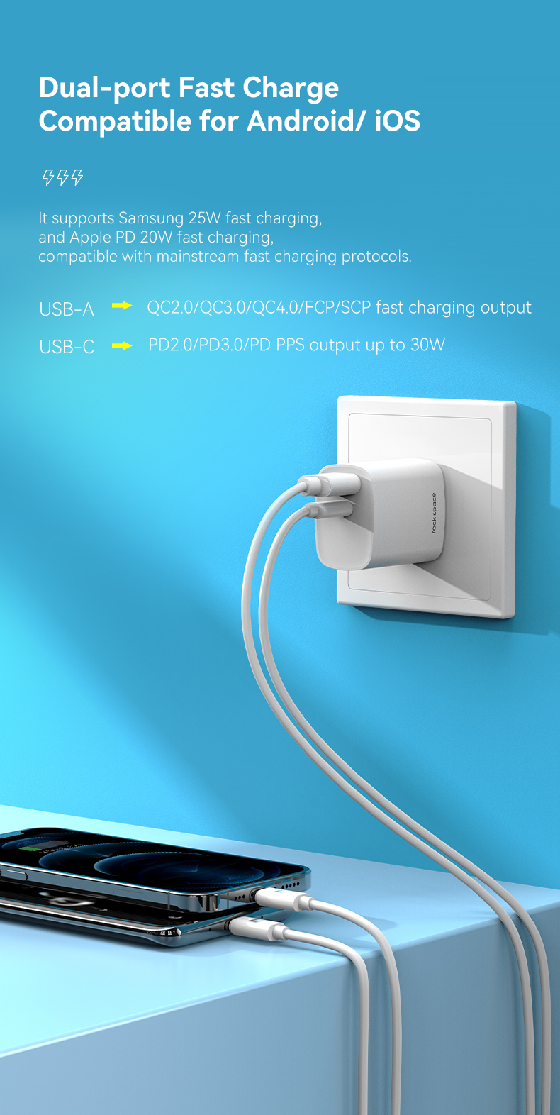 Rock Space 30W PD/USB-A Hızlı Şarj Cihazı - Beyaz 6974282120227