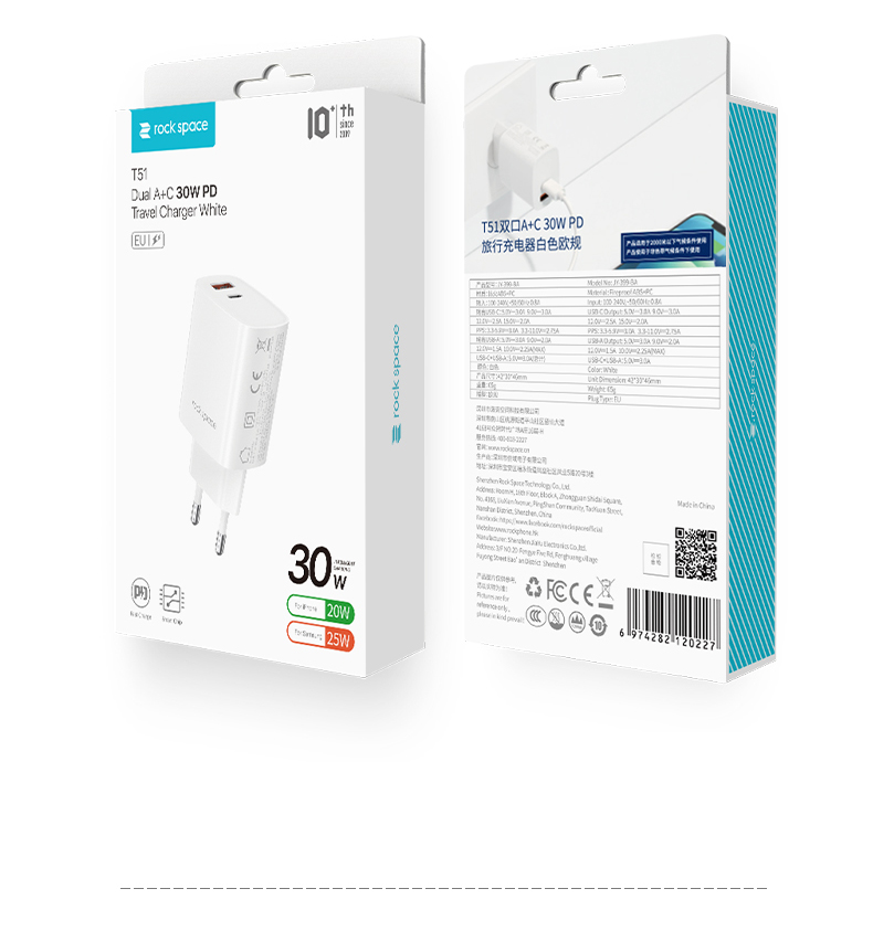 Rock Space 30W PD/USB-A Hızlı Şarj Cihazı - Beyaz 6974282120227