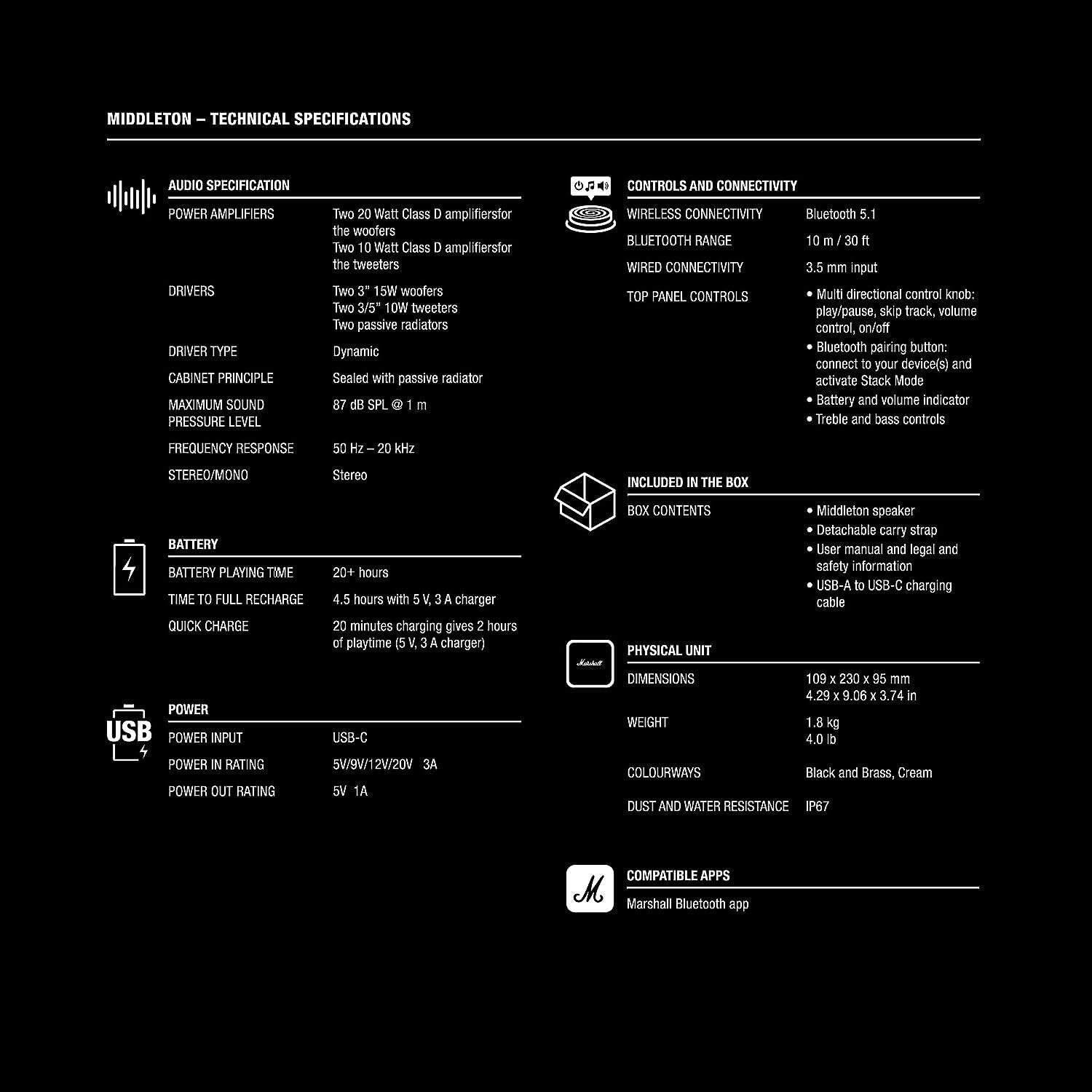 Marshall Middleton BT Hoparlör, Blk&Brass 7340055385848