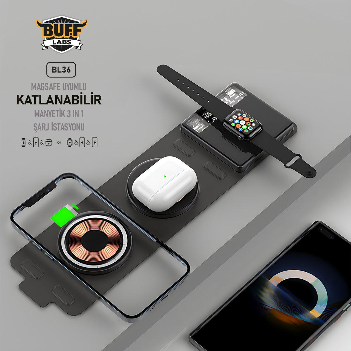 Buff 15W 3in1 Katlanabilir Kablosuz Şarj İstasyonu 8683548216816