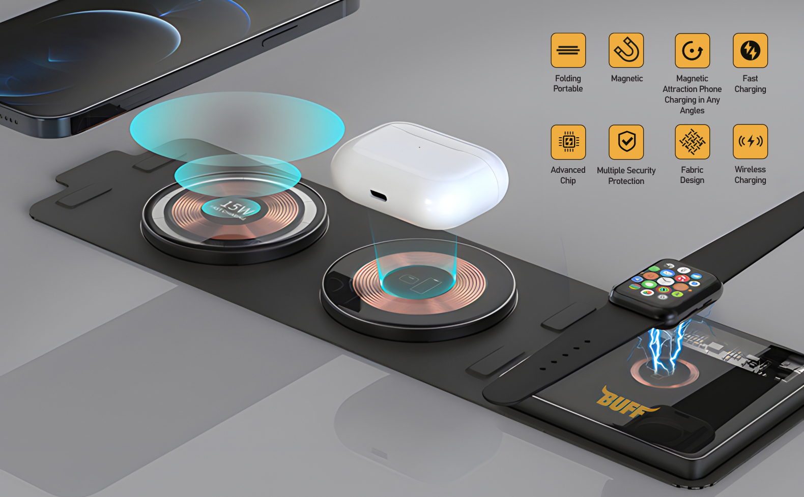 Buff 15W 3in1 Katlanabilir Kablosuz Şarj İstasyonu 8683548216816