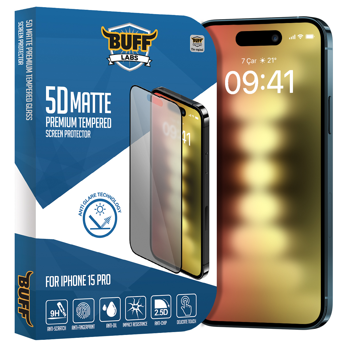 Buff iPhone 15 Pro 5D Matte Ekran Koruyucu 8683548216946