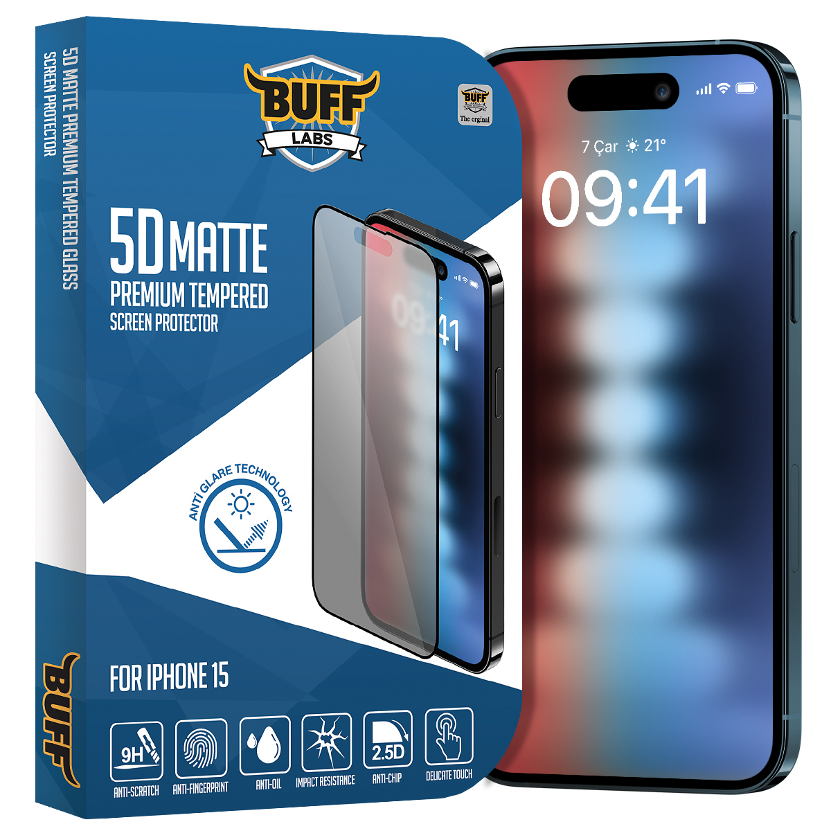 Buff iPhone 15 5D Matte Ekran Koruyucu 8683548216960