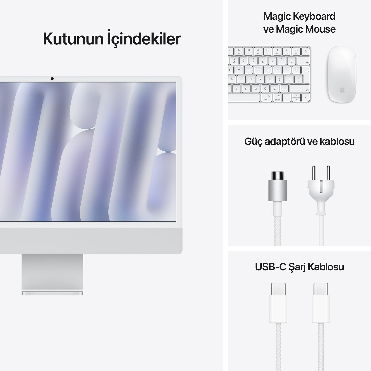 Apple iMac 24inc Retina 4.5K, M4 10-core CPU, 10-core GPU, 24GB Bellek, 512GB SSD, Gümüş  MCR24TU/A