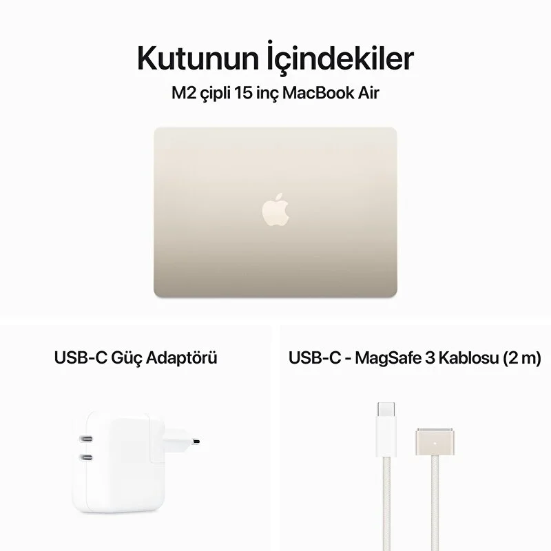 15 inç MacBook Air M2 çip 8 Çekirdekli CPU ve 10 çekirdekli GPU 256GB - Yıldız Işığı MQKU3TU/A