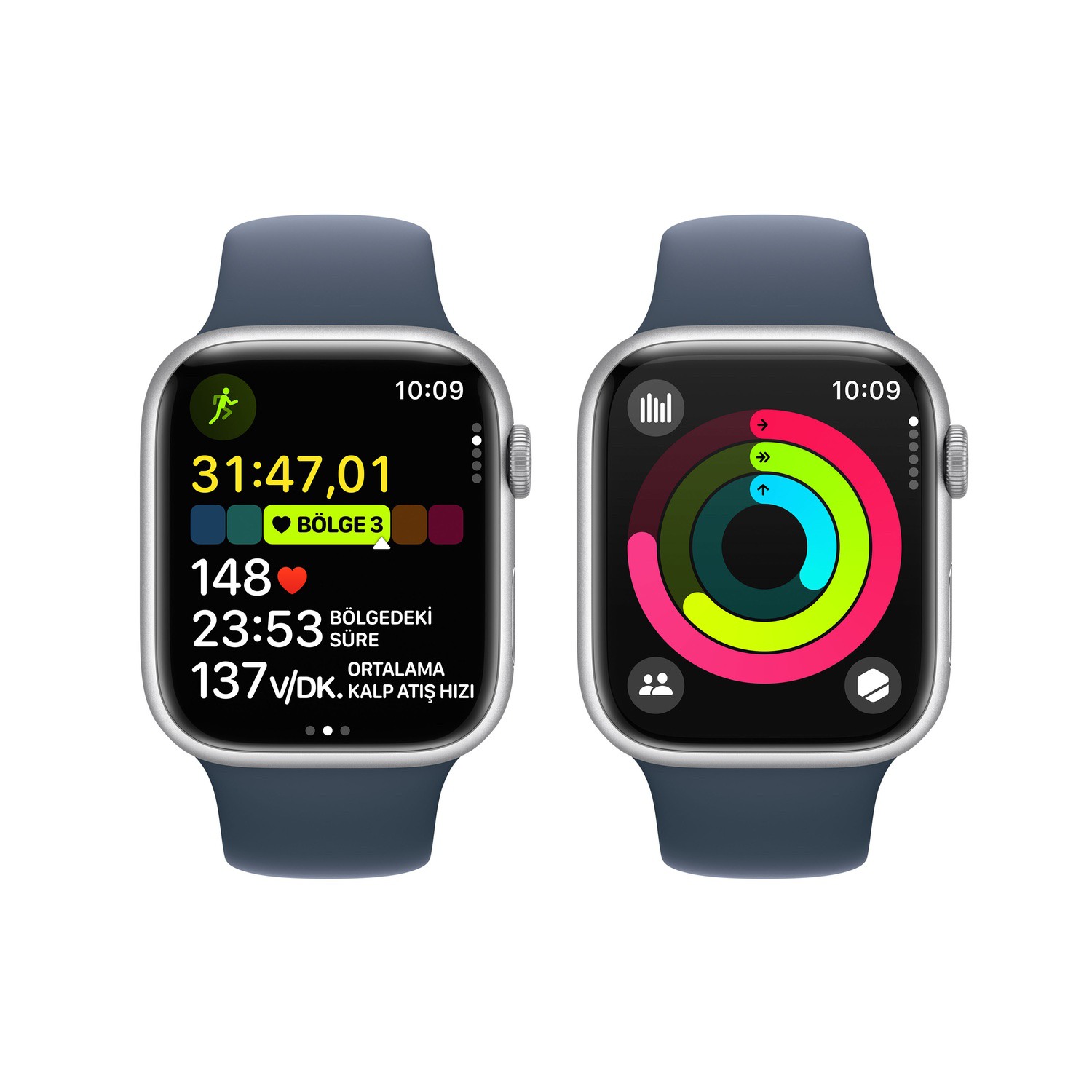 Apple Watch Series 9 GPS 45mm Gümüş Rengi Alüminyum Kasa ve Fırtına Mavisi Spor Kordon - M/L  MR9E3TU/A