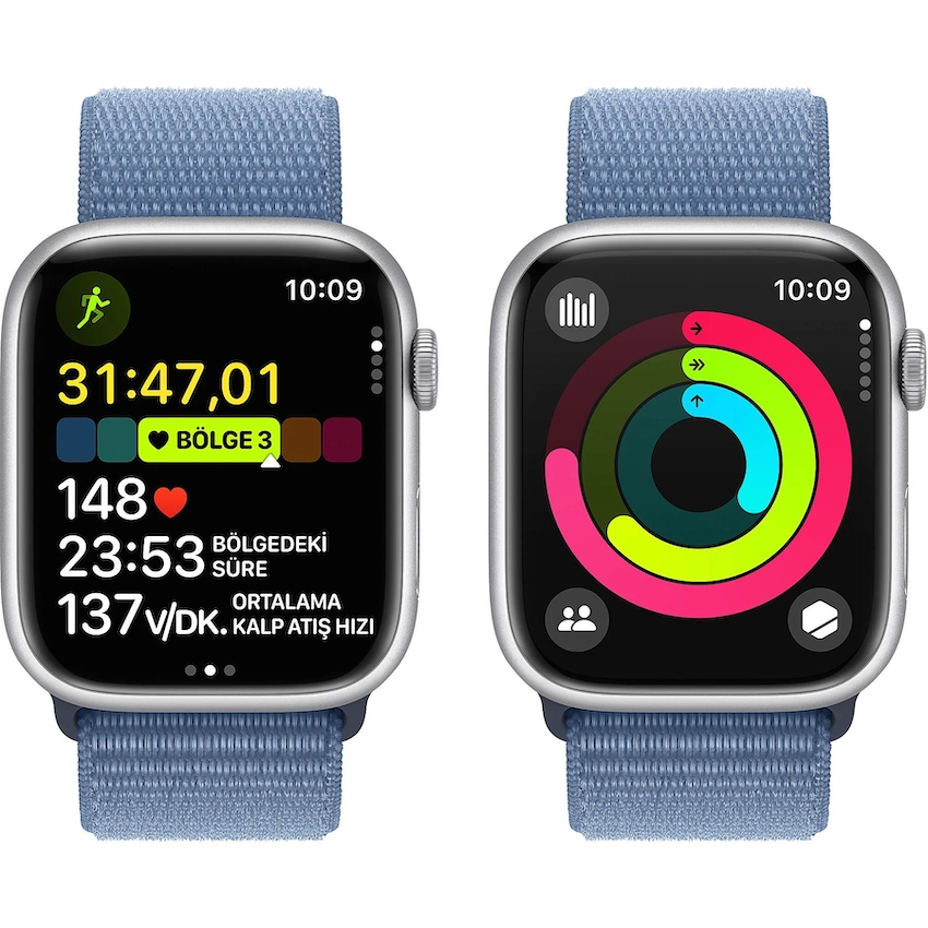 Apple Watch Series 9 GPS 45mm Gümüş Rengi Alüminyum Kasa ve Buz Mavisi Spor Loop  MR9F3TU/A